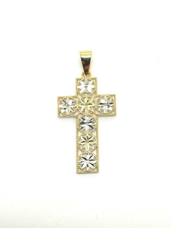 Ciondolo Croce Oro Giallo E Bianco 18k Gr 2,30 Nuovo