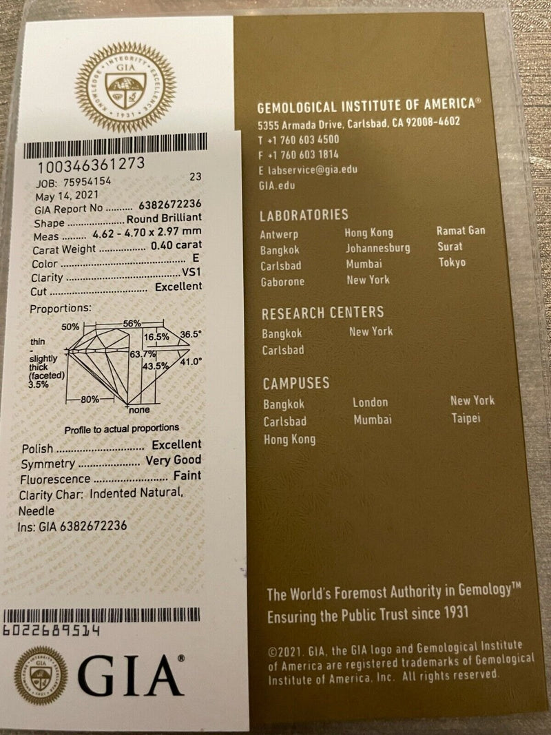 Diamante Certificato Gia Usa Ct. 0,40 E Color Vs1 Iscrizione Laser