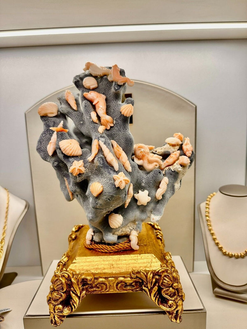 Madrepora Con Sculture In Corallo Rosa Lavorazione Artigianale